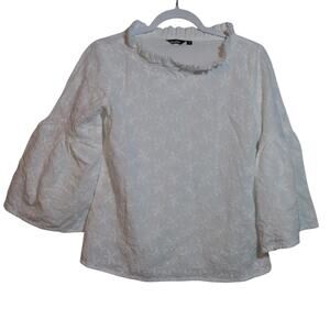 Zudio White Eyelet Ruffle Neck Bell Sleeve Blouse Top Contemporary Cottage Sz M